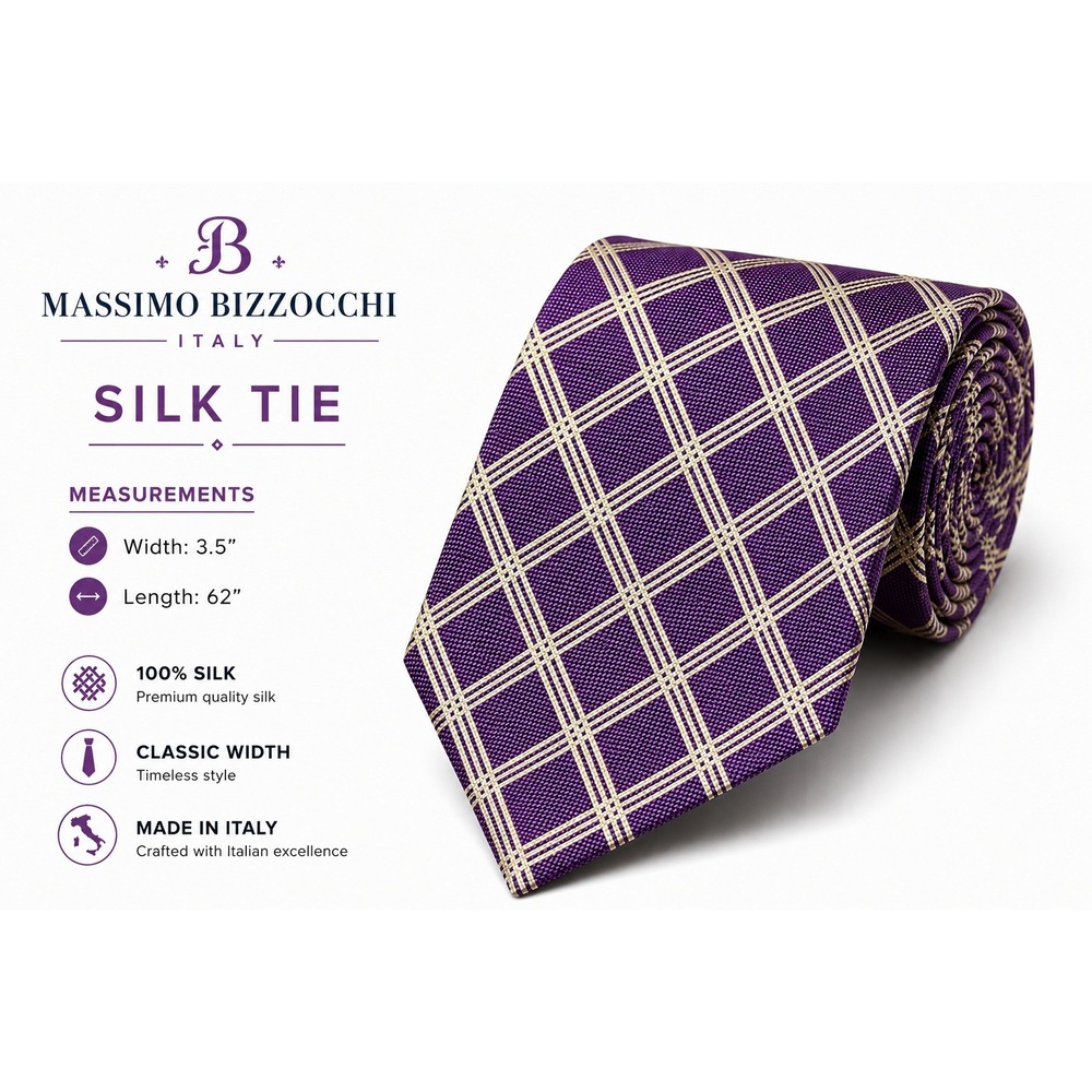 Massimo Bizzocchi Purple Silk Windowpane Check Necktie 3.5"W 62"L Extra Long